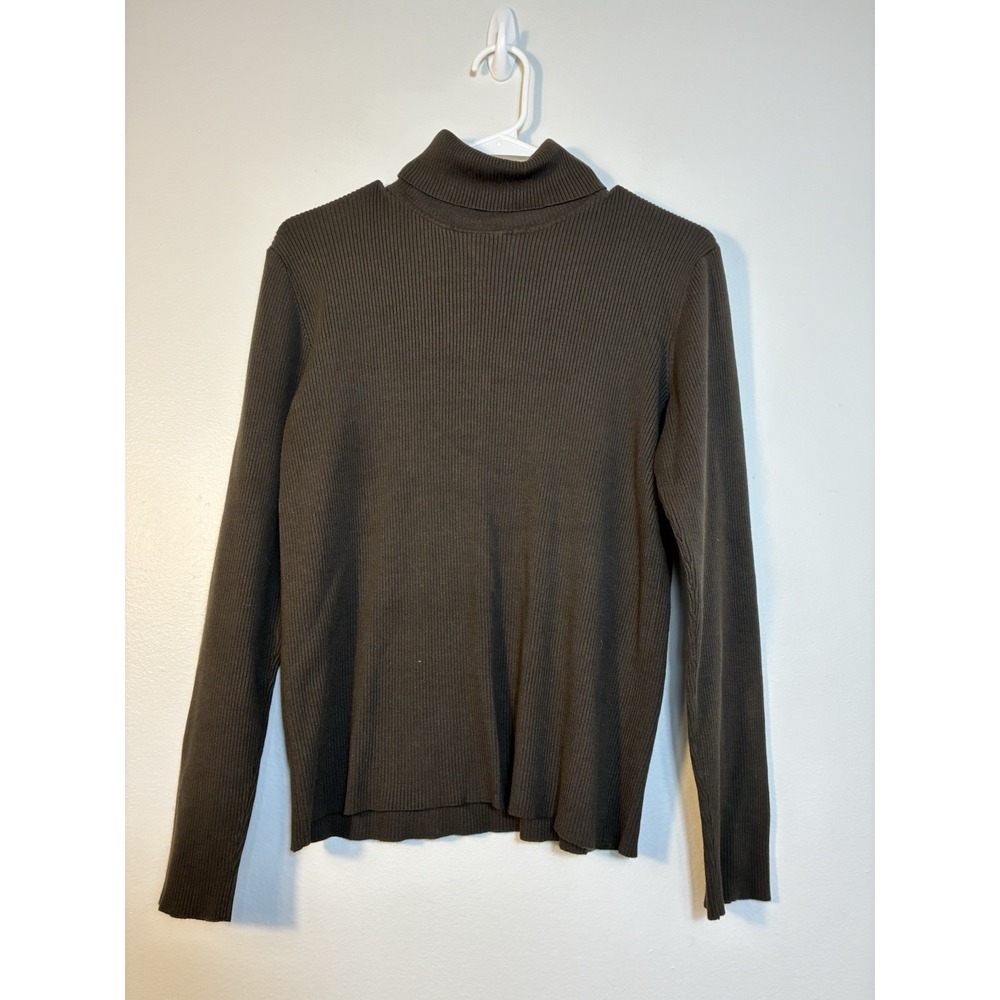 Chico's Ribbed‎ Turtleneck Long Sleeve Top Sz M Brown Silk Blend Casual